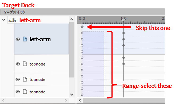 Copiar chaves, segundo que marcas da linha de tempo tomar. Mostra saltar o losango de cima e selecionar o resto para colar a 2,0 s. Skip this one e Range-select these estão marcados.