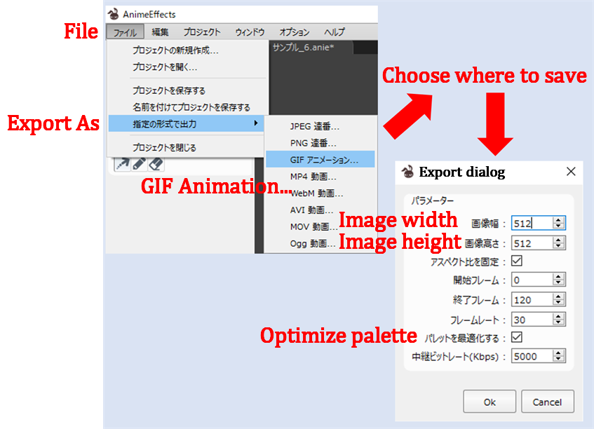 Exportação para GIF, segundo File, Export As e GIF Animation. Mostra ligar Optimize palette. Largura e altura são 512; os fotogramas vão de 0 a 120; Optimize palette está marcado.