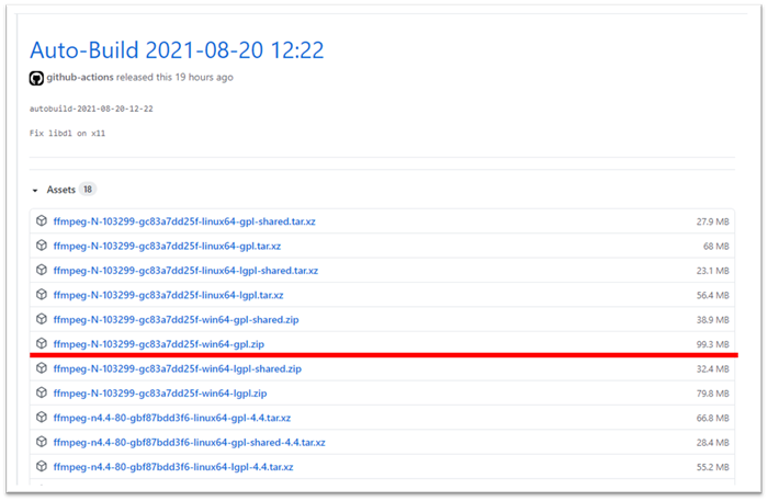 Zips Windows da BtbN, segundo que linha de Assets escolher. Mostra pegar num zip gpl sem shared no nome. Uma linha vermelha marca win64-gpl.zip; a data é desse build.