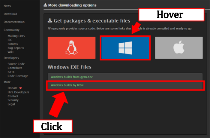 Página de descarga do FFmpeg, segundo as ligações ao executável Windows. Mostra pegar num zip pré-compilado, não no código-fonte. Windows está destacado, depois Windows builds by BtbN, com notas Hover e Click.
