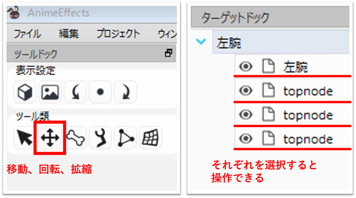 並べ替えの操作を、移動回転拡縮ツールとターゲットドックの選択を基準に示した図です。パーツごとに行を切り替えて動かすことを説明しています。画像では、移動ツールが赤枠で、左腕とtopnodeの行が示されています。