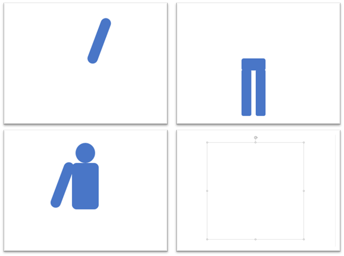 Peças do pictograma, mostradas como braço esquerdo, pernas, tronco e fundo. Explica partir nas articulações que precisam de dobrar. A grelha é um braço em diagonal, um par de pernas, um tronco com cabeça e um quadrado branco.