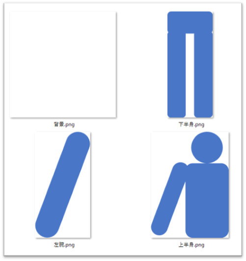 保存した四つのPNGを、ファイル名と部品の対応を基準に示した図です。AnimeEffectsへ渡す素材が揃った状態を説明しています。画像では、背景.png、下半身.png、左腕.png、上半身.pngが並んでいます。