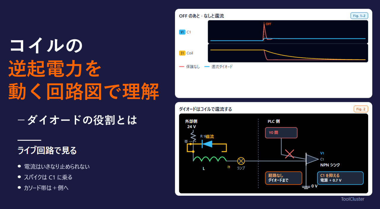 コイルの逆起電力を動く回路図で理解｜ダイオードの役割