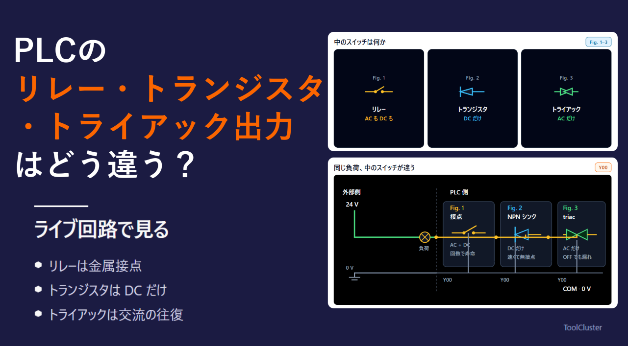 PLCのリレー・トランジスタ・トライアック出力はどう違う？　── 動く回路図で仕組みと選び方を理解する