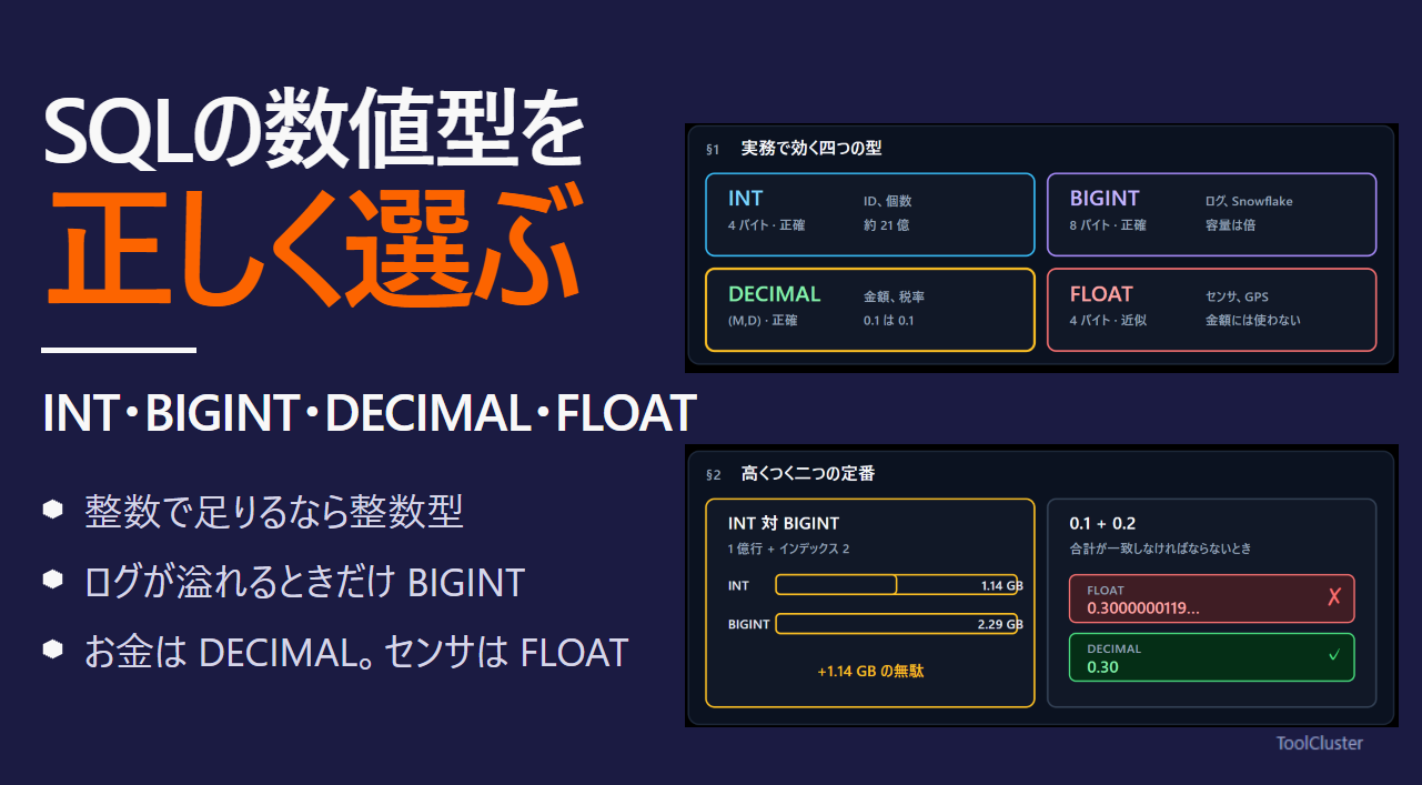 SQLの数値型を正しく選ぶ技術 ─ INT・BIGINT・DECIMAL・FLOATの違いと実務判断基準【DB設計ガイド】
