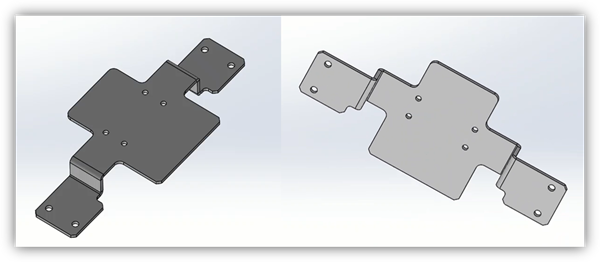 An example with extra flanges and holes from the same sheet-metal tools, shown as a finished solid. It gives a sense of what follows the L-bend steps. A part with several bends and openings is in isometric view.