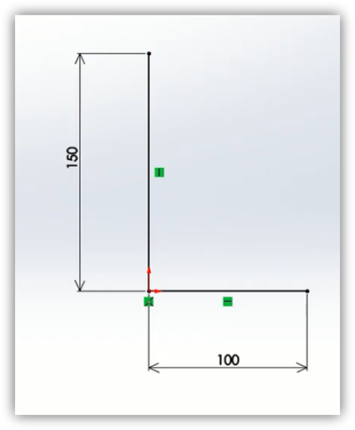 An L-bend profile sketch, shown with dimensions and geometric relations. It explains that the vertical and horizontal lines from the origin become the two legs. The L is 150 by 100, with vertical and horizontal relations.