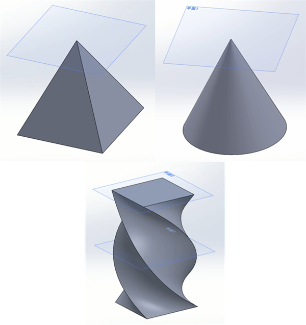 SolidWorks-Abbildung einer Pyramide, eines Kegels und einer verdrehten Säule, mit Referenzebenen. Erklärt den Loft von einer versetzten Ebene zu einem Scheitel oder Profil. Links die Pyramide, rechts der Kegel, unten eine verdrehte Säule durch drei Ebenen.