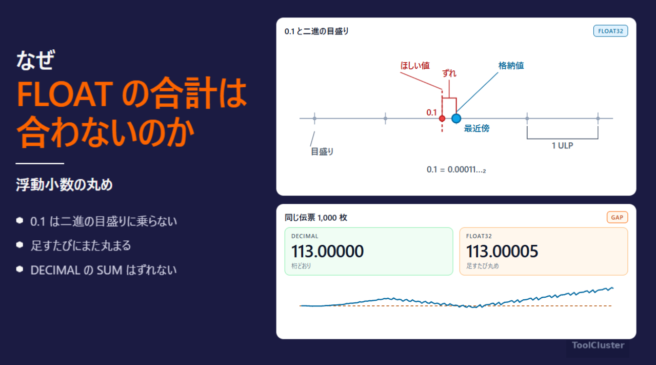 FLOATの合計が合わないのはなぜ？　金額や SUM がずれる理由を式とグラフで見る